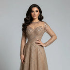 Custom Caramel Evening Prom Dress Long Sleeves A Line Muslim Gown