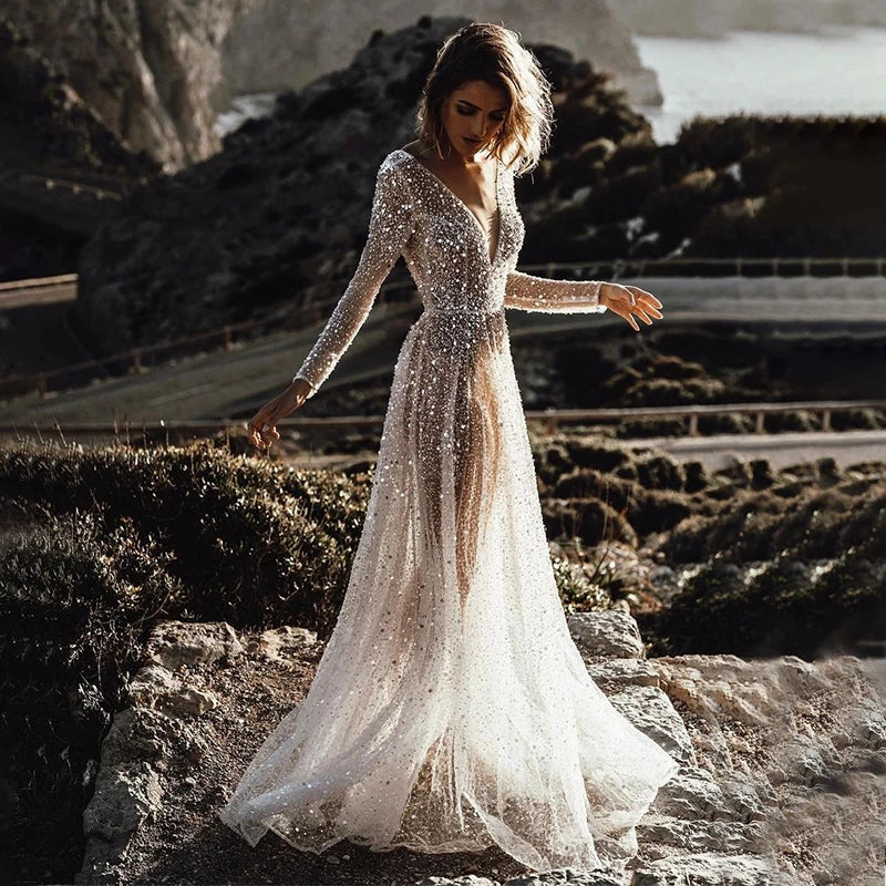 Modern V Neck Sequin Wedding Dress Long Sleeve Backless Bridal Gown