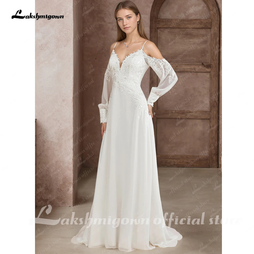 Custom Illusion Off White Bridal Gown Off Shoulder Long Sleeve Wedding Dress