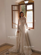 Ivory Full Lace Custom High Collar Long Sleeve A Line Floor Length Bridal Gown