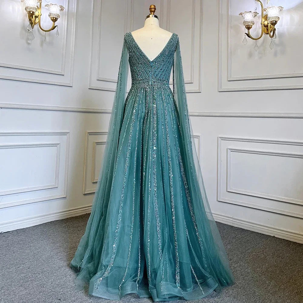 Luxury Custom Pink A Line Beaded Cape Sleeve Evening Dress Women Wedding