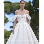 Pleat Off The Shoulder A Line Wedding Dress Custom Sweep Train