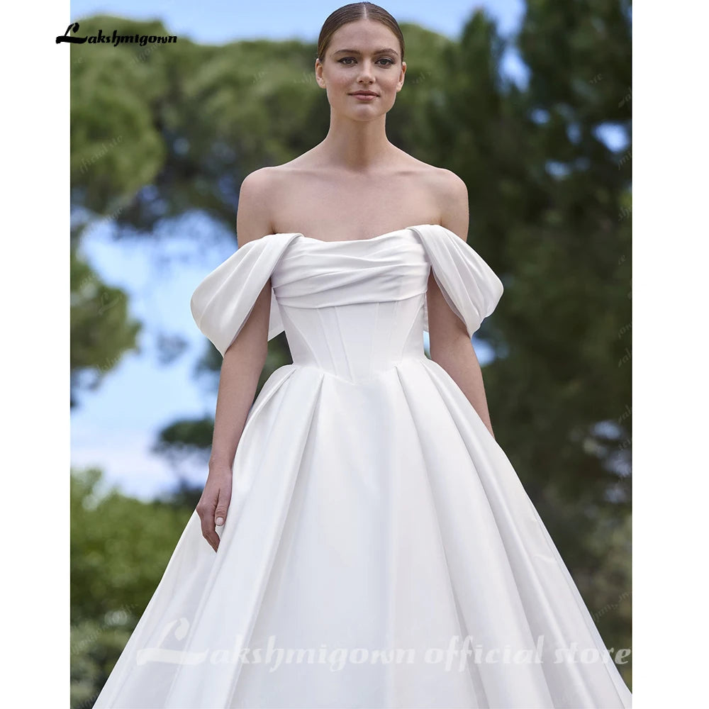 Pleat Off The Shoulder A Line Wedding Dress Custom Sweep Train
