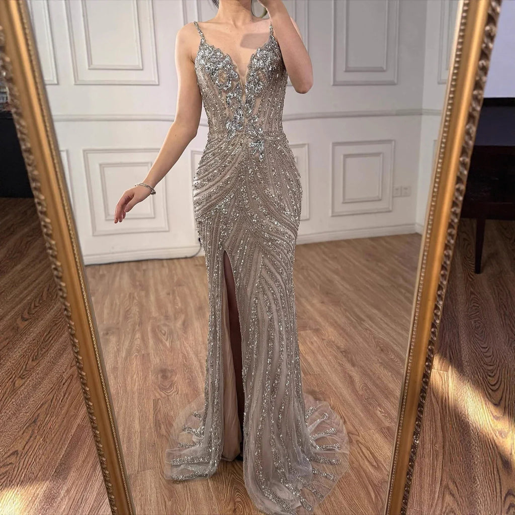 Luxury Nude Beaded High Slit Mermaid Evening Dress LA73340