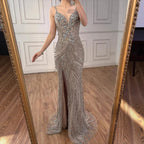 Luxury Nude Beaded High Slit Mermaid Evening Dress LA73340