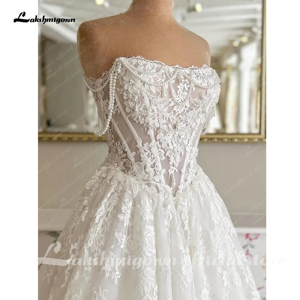 Lakshmigown Lace Ball Gown Wedding Dress Sexy Off Shoulder Pearls Bridal Partry Gown Backless Princess Bride Gown Customized