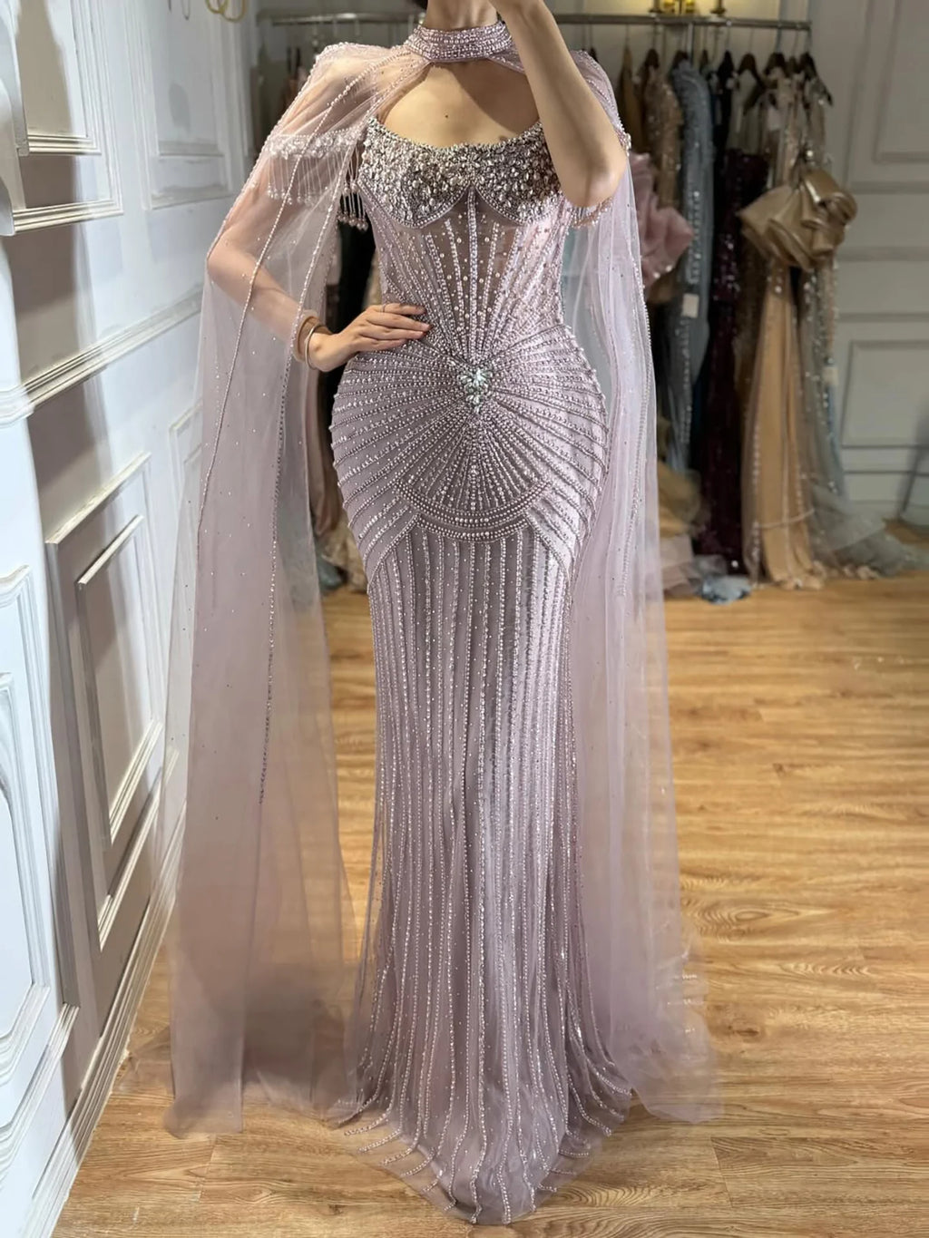 Serene Hill Caramel Pearl Beaded Mermaid Evening Gown With Sheer Cape