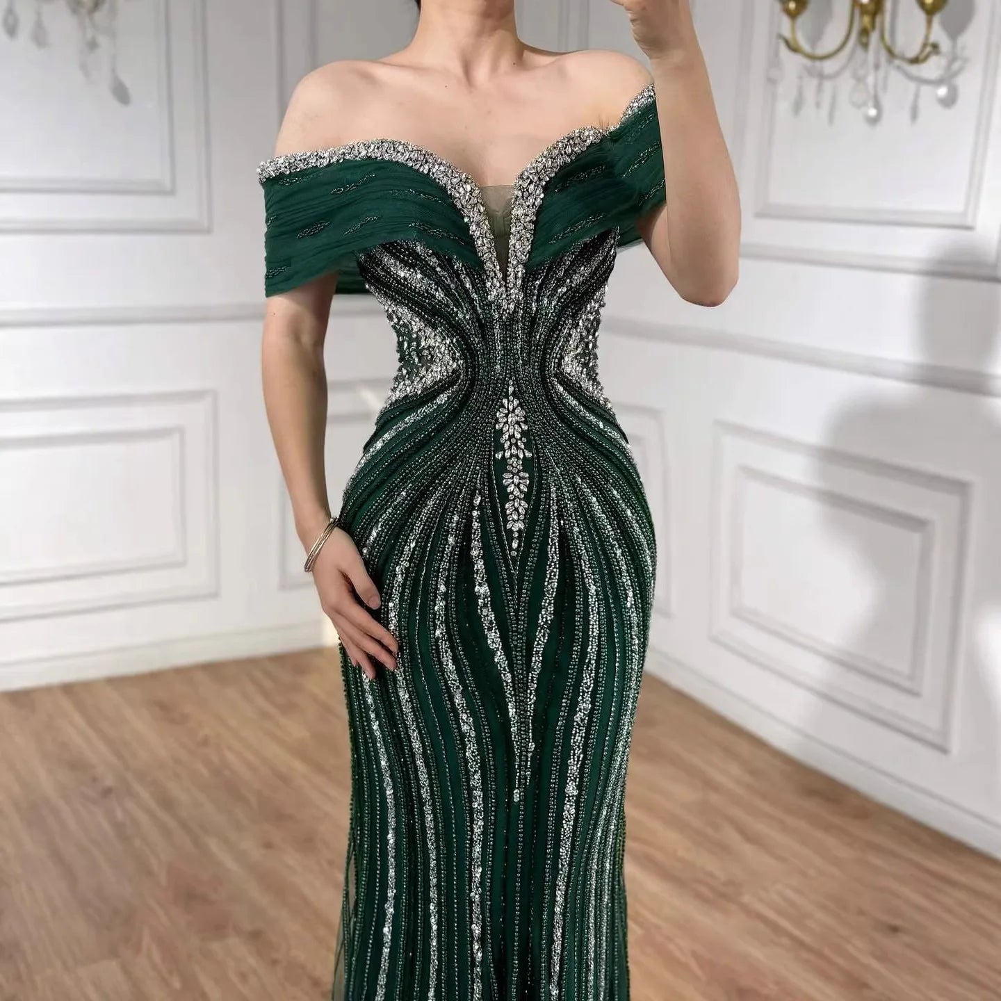 Serene Hill Custom Gold Beaded Mermaid Evening Dress Women Party Gown