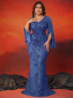 BLUEPLUM Plus Size Luxury Blue Evening Dresses Women 2025 Long Sleeve Mermaid Formal Sequins Prom Wedding Party Cocktail Gowns