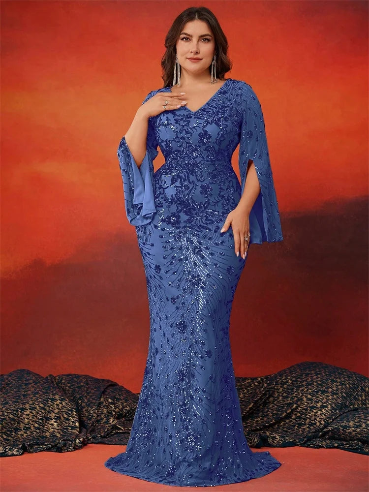 BLUEPLUM Plus Size Luxury Blue Evening Dresses Women 2025 Long Sleeve Mermaid Formal Sequins Prom Wedding Party Cocktail Gowns