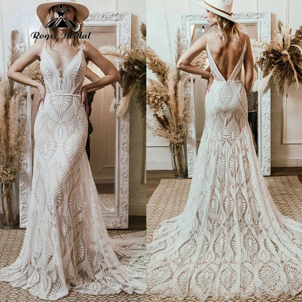 Bohemian Lace Mermaid Wedding Gown Open Back Custom Bridal Dress