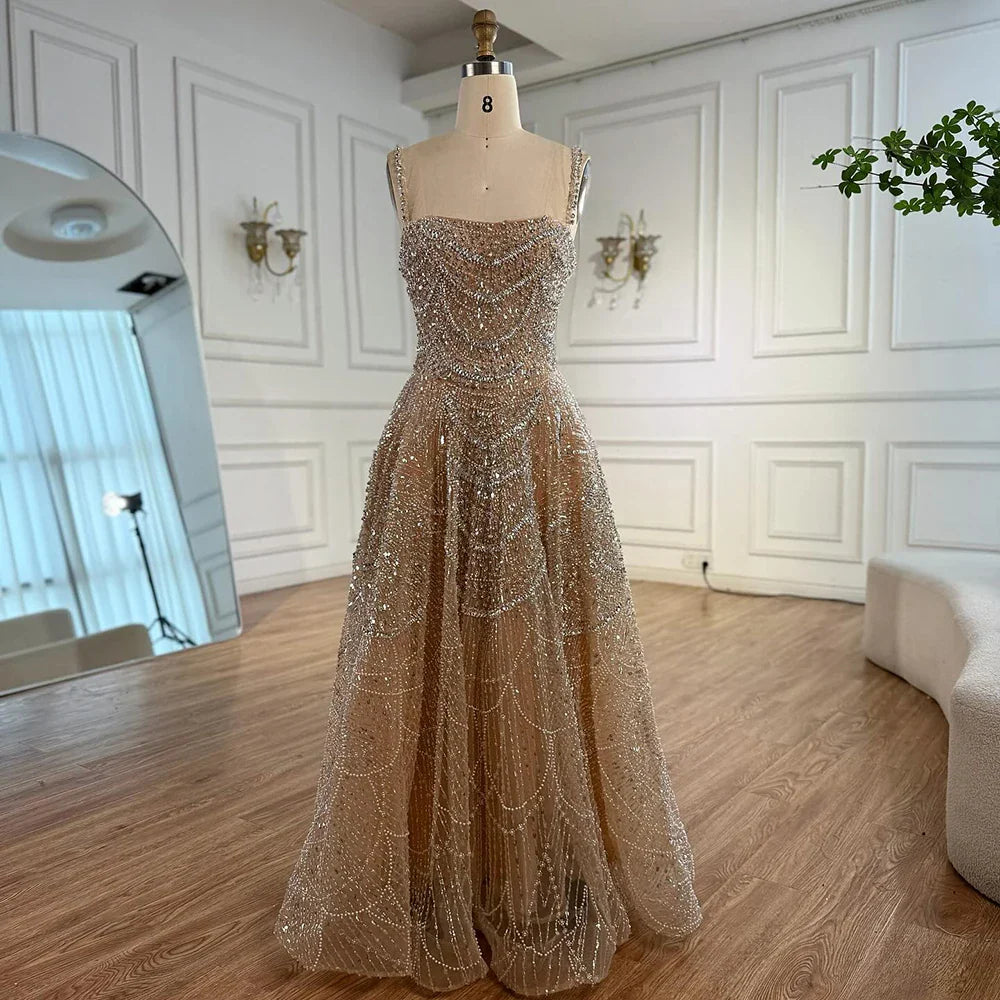 Luxury Nude A-Line Evening Dress with Pearls and Crystals LA72983A