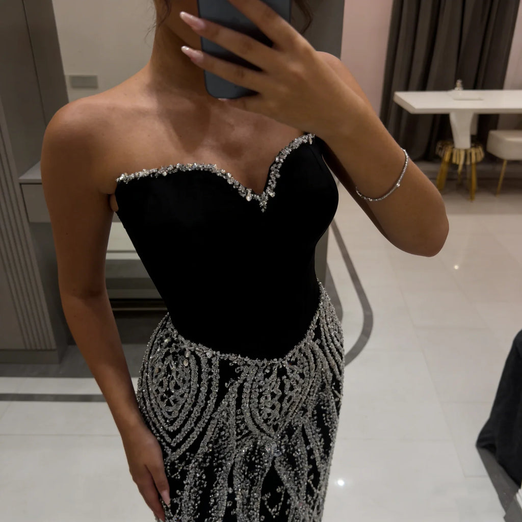 Women Black Mermaid Evening Dress Custom Beaded Luxury Gown