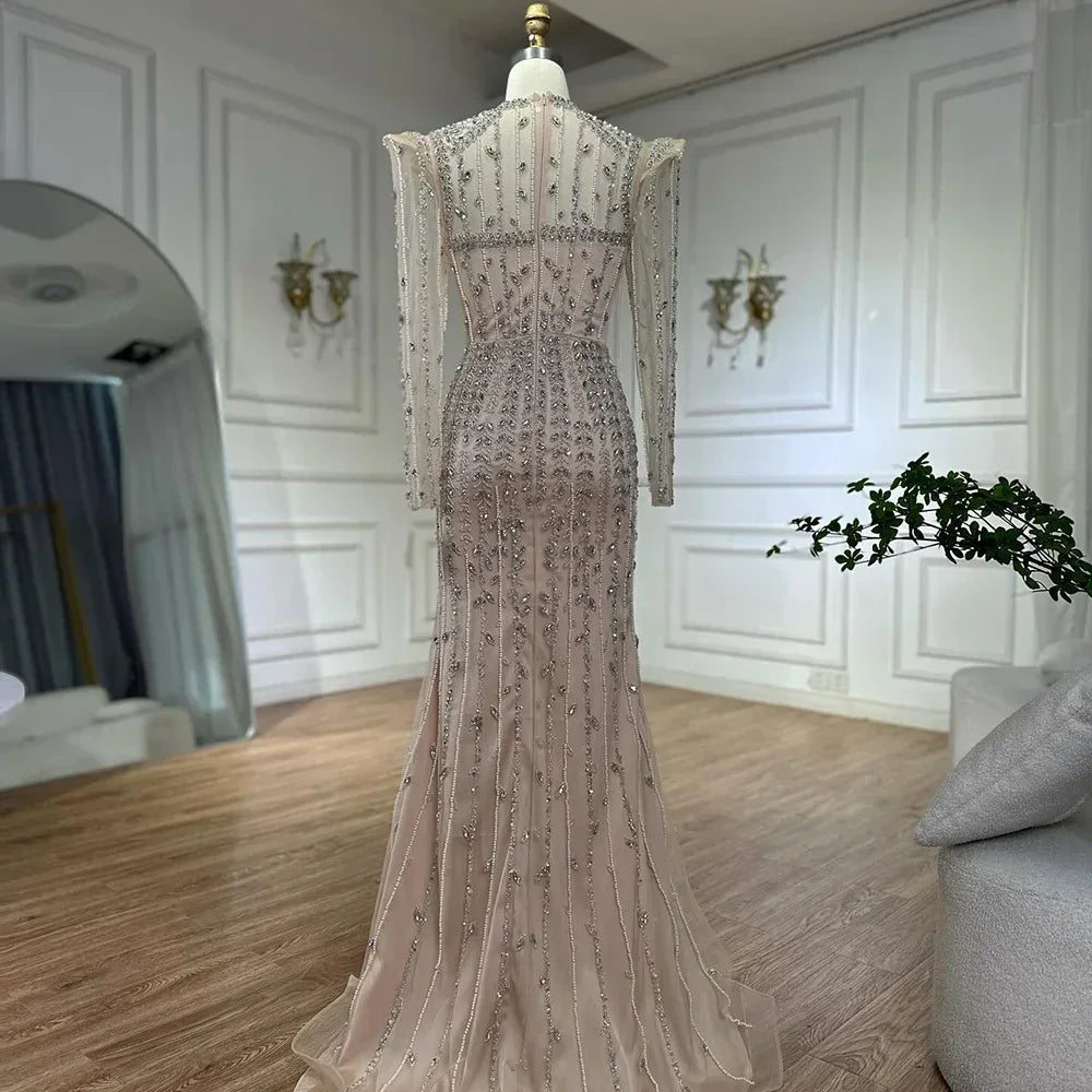 Serene Hill Luxury Pink Mermaid Beaded Pearl Customized Evening Gown