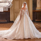 Luxury Long Sleeve Beaded Tulle Ball Gown Wedding Dress Button Back