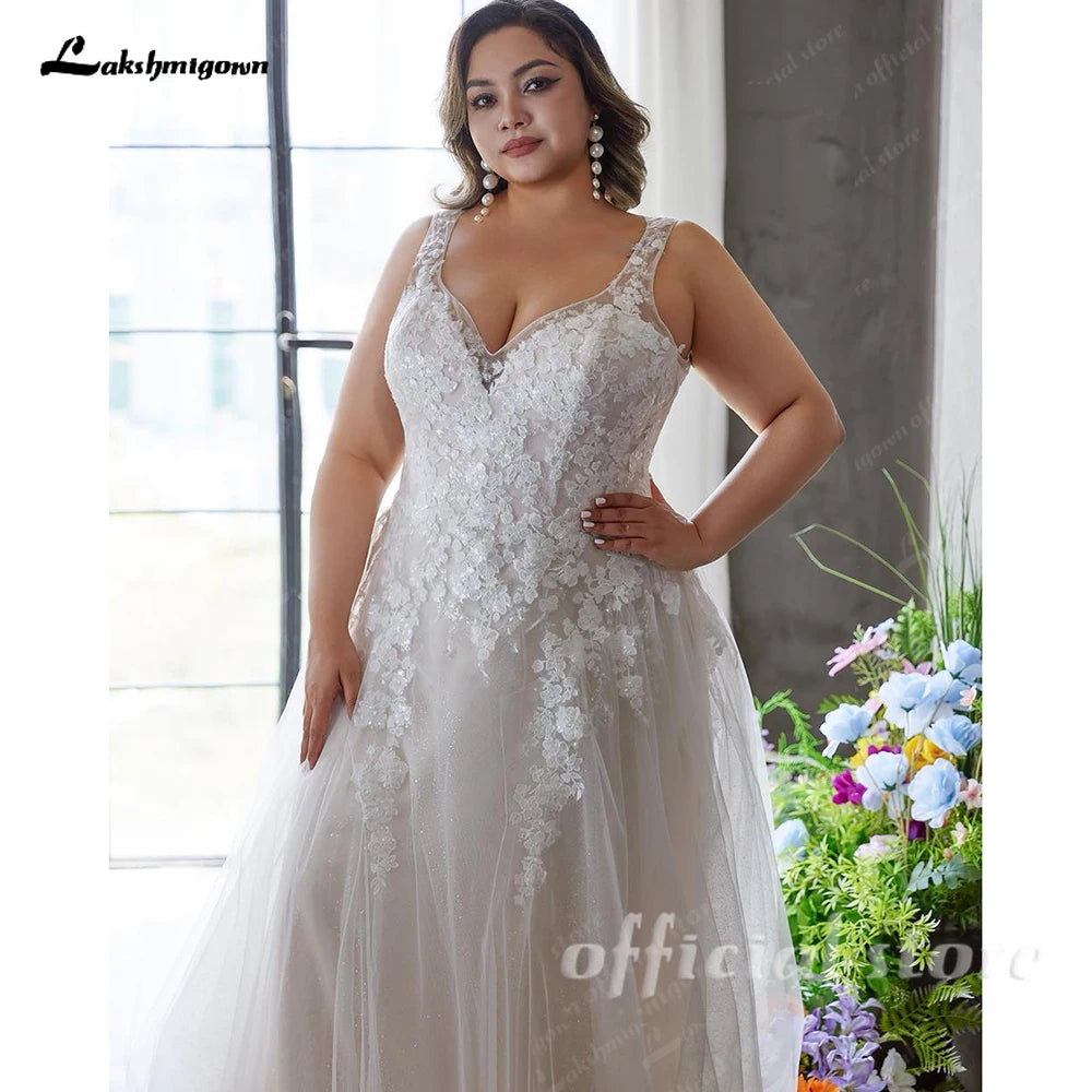 Custom Plus Size A Line Wedding Dress V Neck Tulle Appliques Bridal