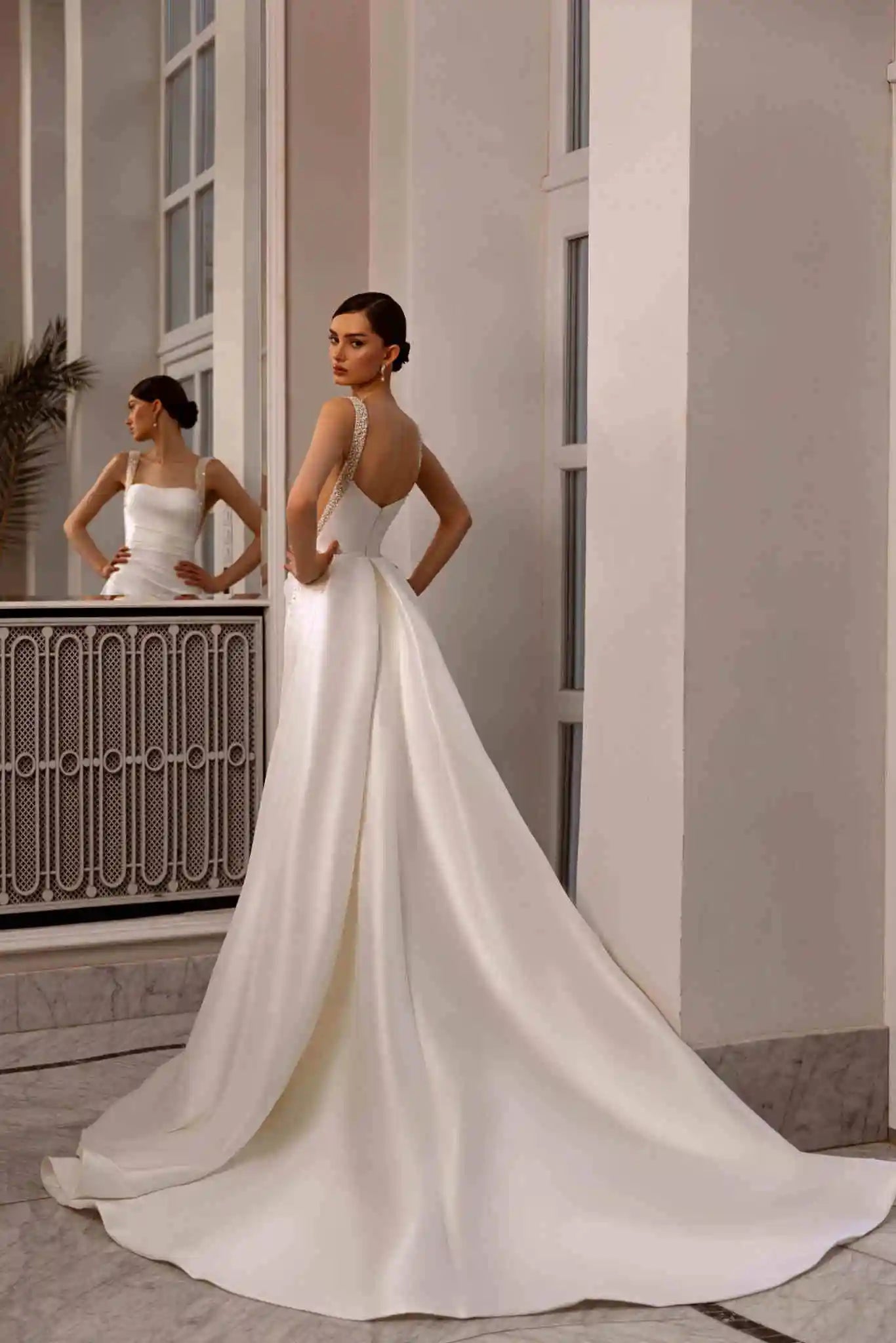 Customized Elegant Satin Square Collar Mermaid Wedding Dress With Beaded Lace