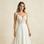 Womens Spaghetti Straps Deep V Backless Wedding Dresses Lace Appliques Chiffon Bridal Gown