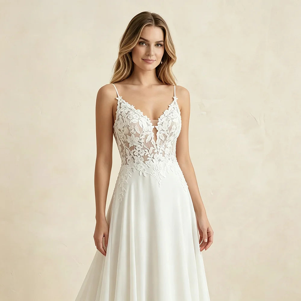 Womens Spaghetti Straps Deep V Backless Wedding Dresses Lace Appliques Chiffon Bridal Gown