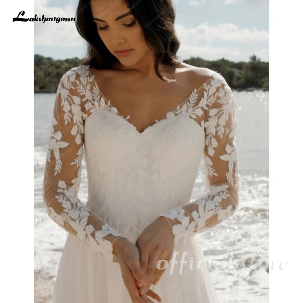 Customized Boho Lace Chiffon Wedding Dress Long Sleeve A Line Sweep Train