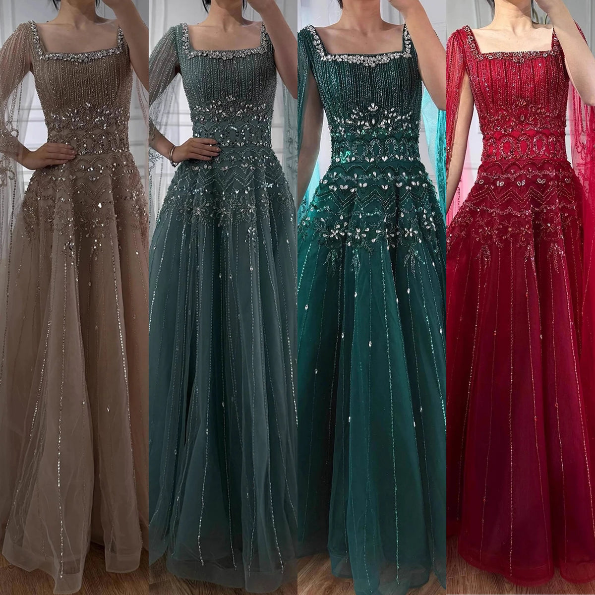 Red A Line Beaded Evening Dress For Women Cape Sleeve Custom Party Gown