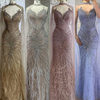 Customized White Nude Mermaid Evening Dress With Cape And Beaded Feathers