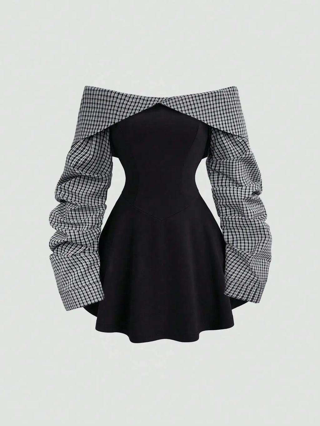 Damen Herbst/Winter Hochschulstil Schlichte Bardot-Kleid mit geraffter Taille und kontrastfarbener Mini-Länge, Figurbetont
