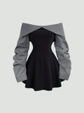 Damen Herbst/Winter Hochschulstil Schlichte Bardot-Kleid mit geraffter Taille und kontrastfarbener Mini-Länge, Figurbetont