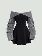 Damen Herbst/Winter Hochschulstil Schlichte Bardot-Kleid mit geraffter Taille und kontrastfarbener Mini-Länge, Figurbetont