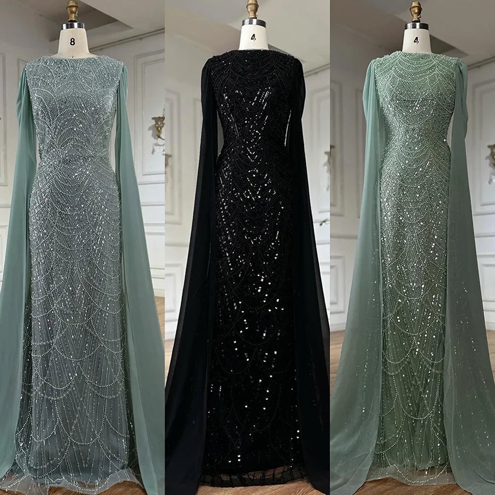 Custom Sage Green Mermaid Evening Dress With Beaded Cape Sleeves Gown