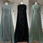 Custom Sage Green Mermaid Evening Dress With Beaded Cape Sleeves Gown