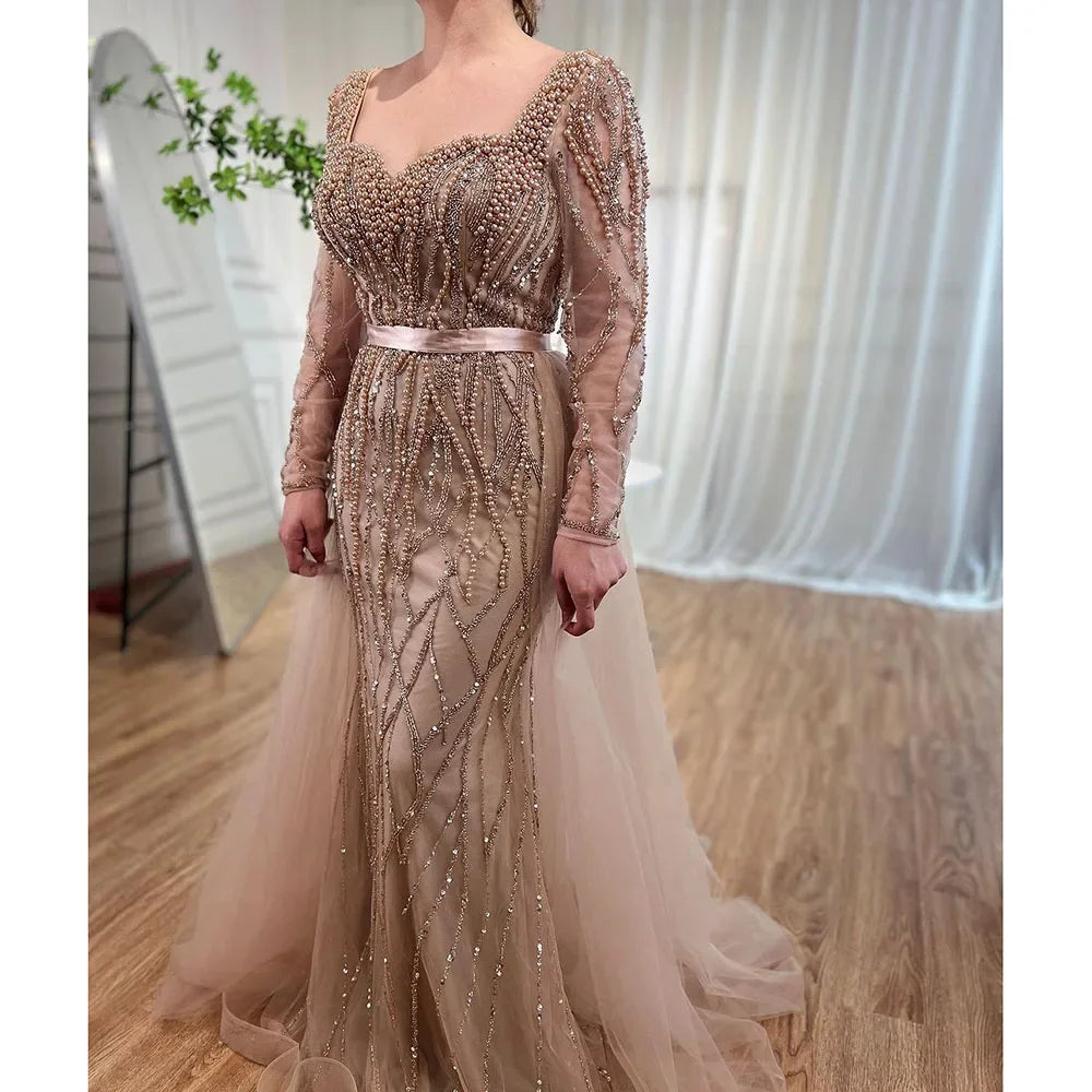 Custom Blue Long Sleeve Mermaid Pearl Beaded Evening Dress Women Wedding Gown