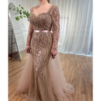 Custom Blue Long Sleeve Mermaid Pearl Beaded Evening Dress Women Wedding Gown