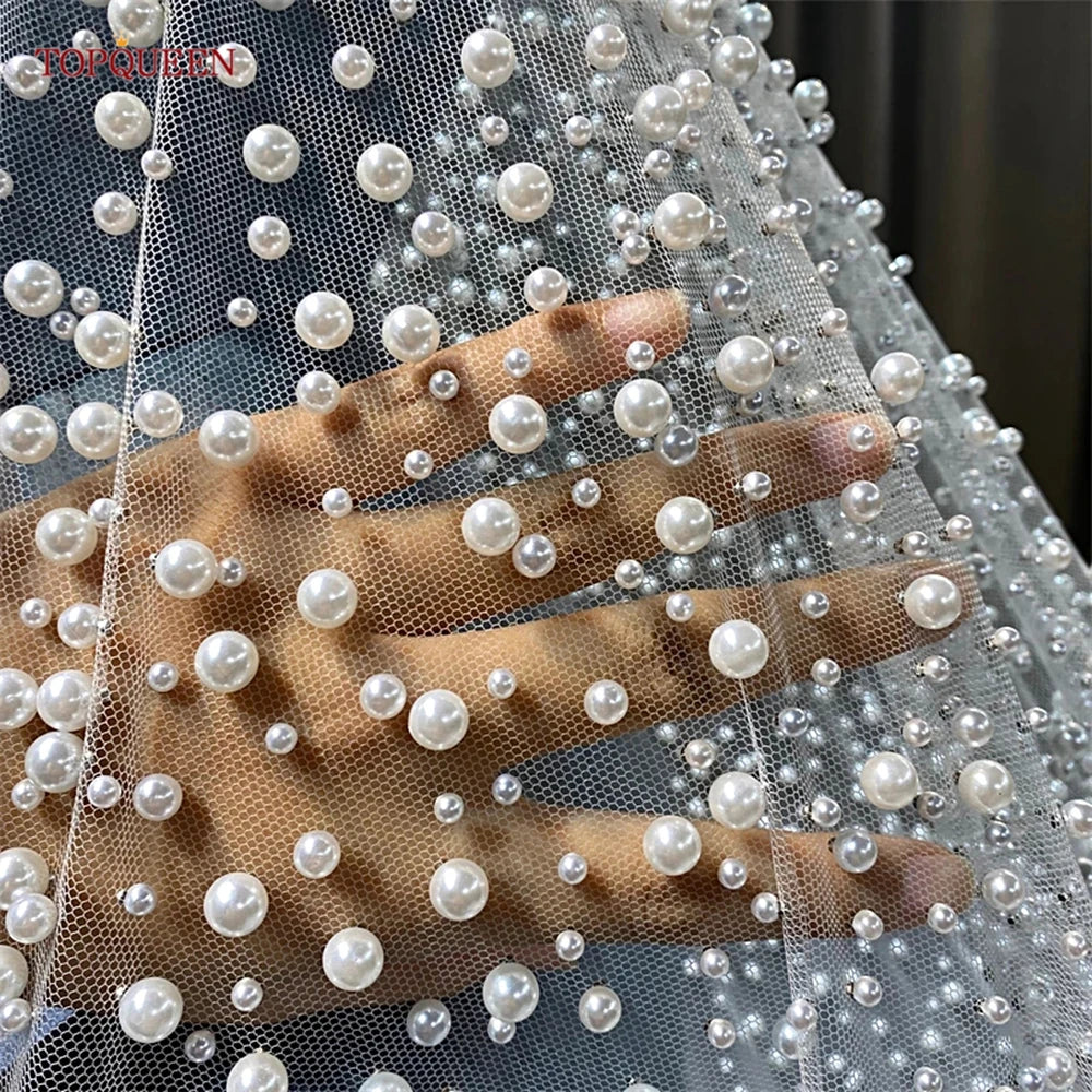 Luxury Pearl Embellished Cathedral Bridal Wedding Veil With Custom Length