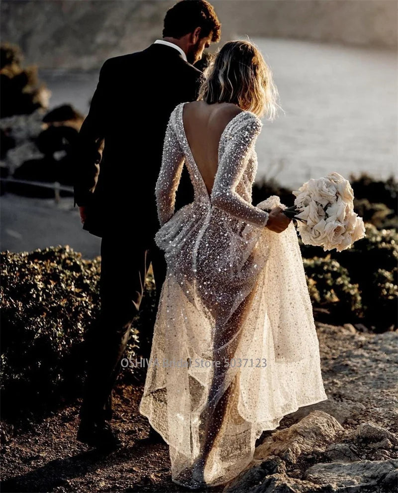 Modern V Neck Sequin Wedding Dress Long Sleeve Backless Bridal Gown