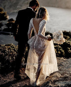 Modern V Neck Sequin Wedding Dress Long Sleeve Backless Bridal Gown