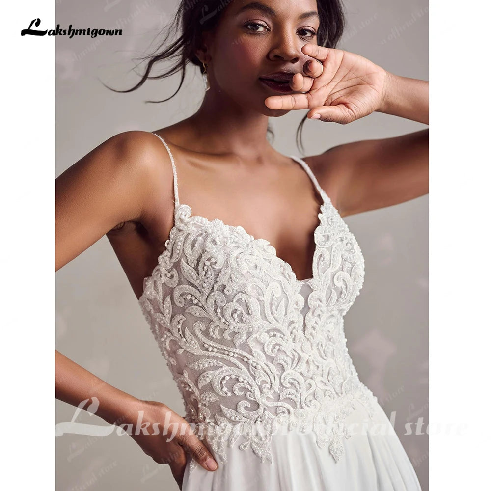 Custom Beaded Lace Wedding Dress Plus Size Boho Gown Detachable Sleeves