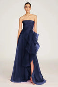 Navy Blue Organza Strapless Aline Side Split Prom Dress Custom Made