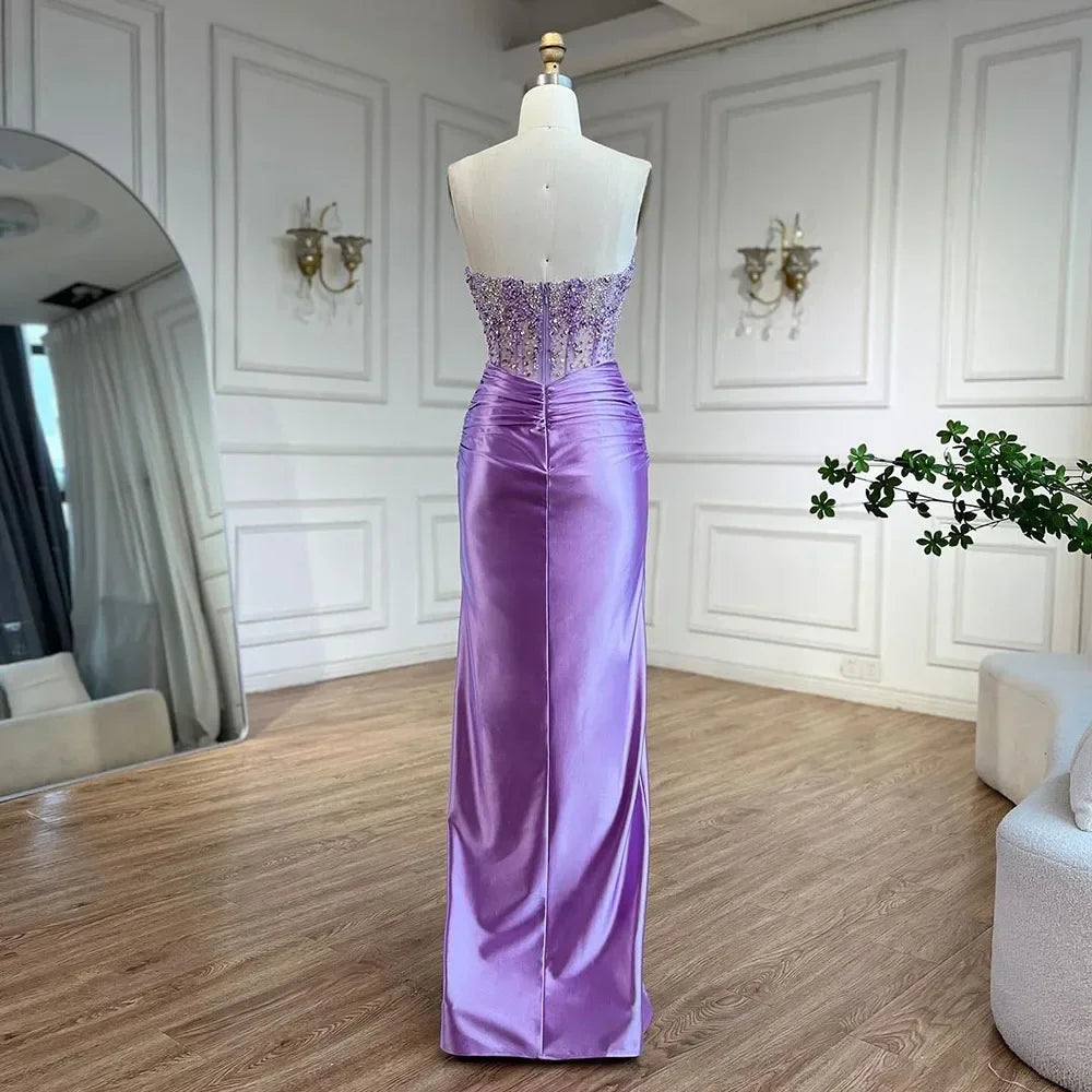 Customized Lilac Satin Strapless Mermaid Evening Dress Beaded Bridesmaid Gown