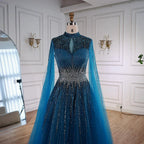 Custom Elegant Modest Blue Beaded Dubai Gown With Cape Sleeves
