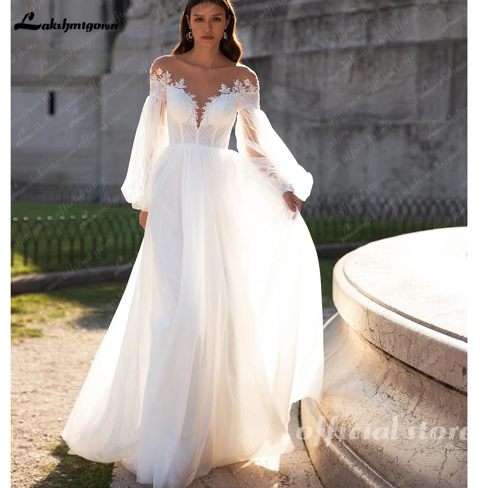 Lakshmigown Puffy Long Sleeves A Line Wedding Dress Deep V Plus Size Custom