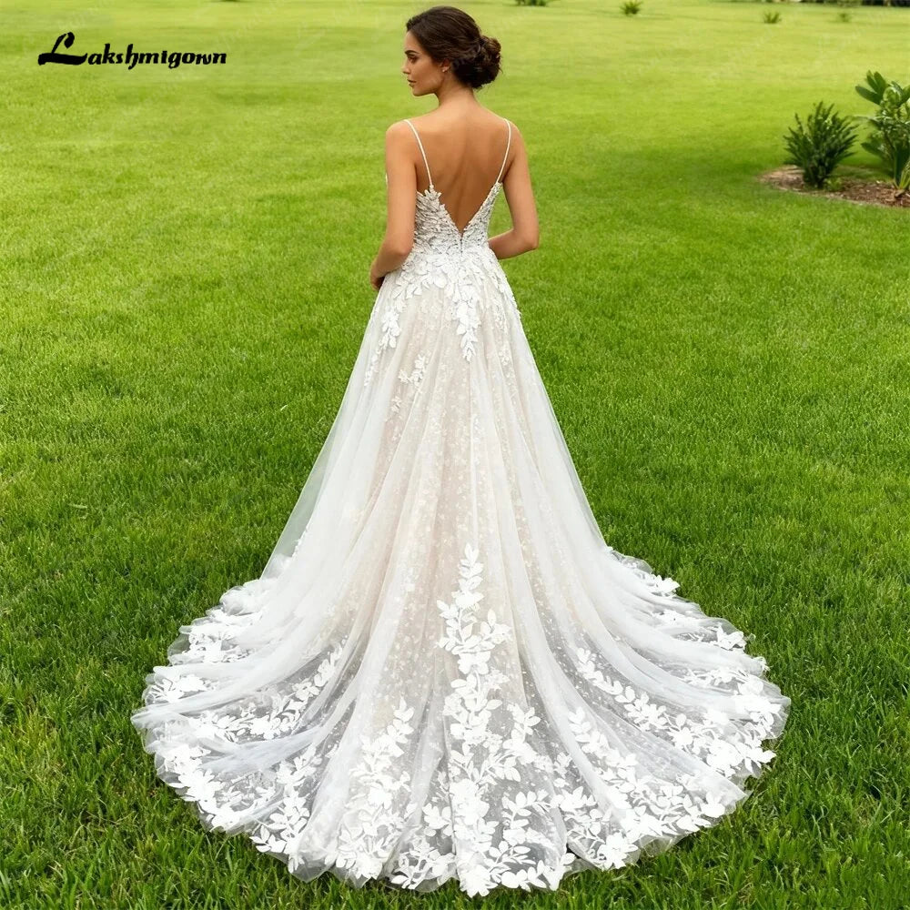 Lakshmigown Spaghetti Straps A Line Floral Lace Wedding Dress