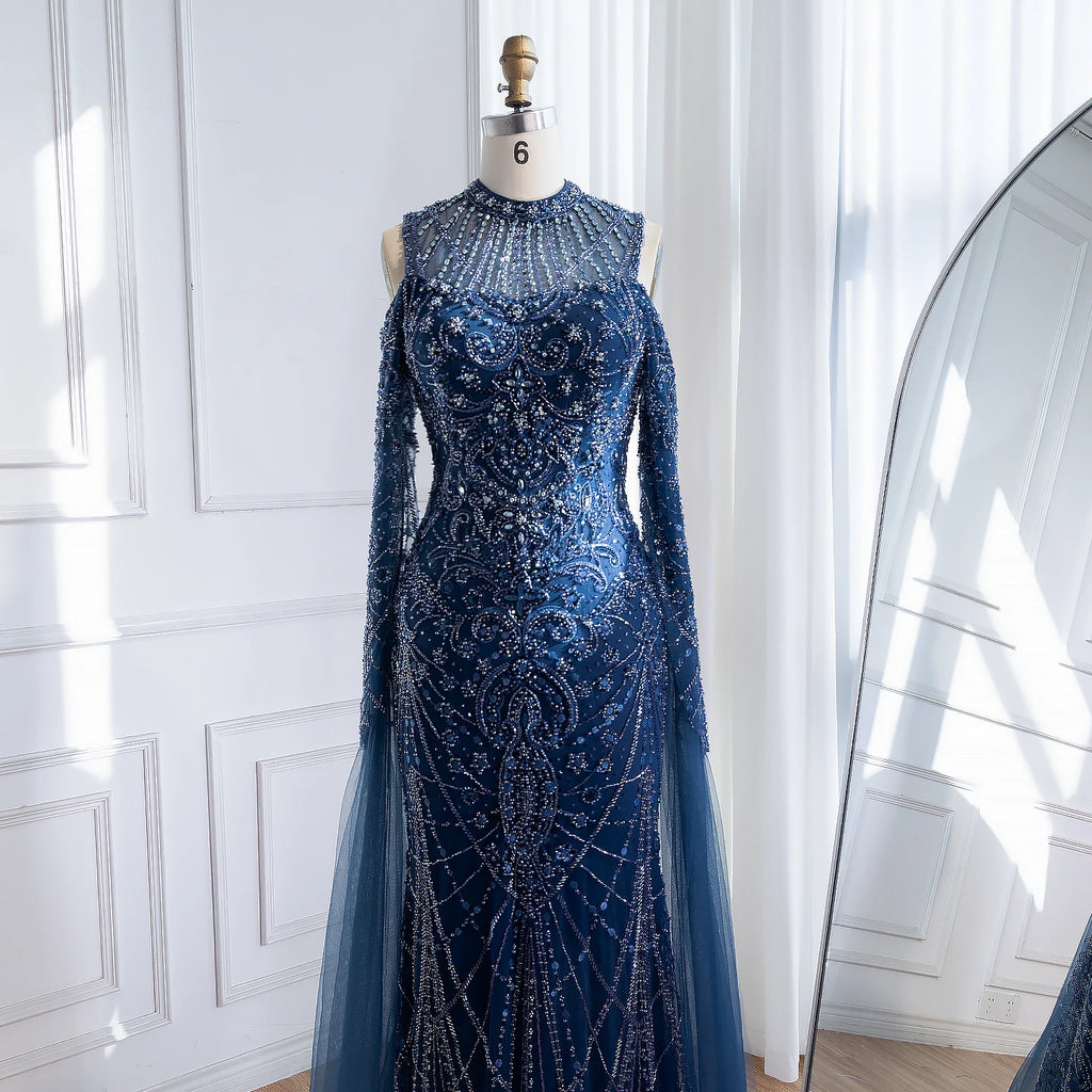 Navy Blue Cold Shoulder Mermaid Beaded Custom Evening Dress With Cape Sleeves