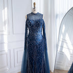 Navy Blue Cold Shoulder Mermaid Beaded Custom Evening Dress With Cape Sleeves