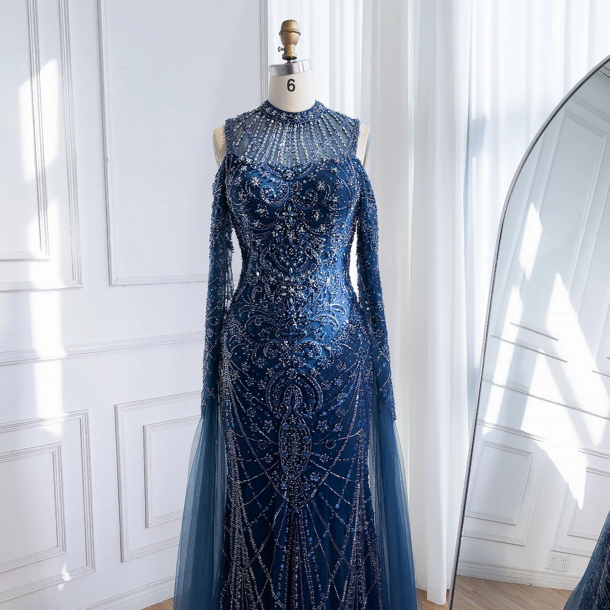 Navy Blue Cold Shoulder Mermaid Beaded Custom Evening Dress With Cape Sleeves