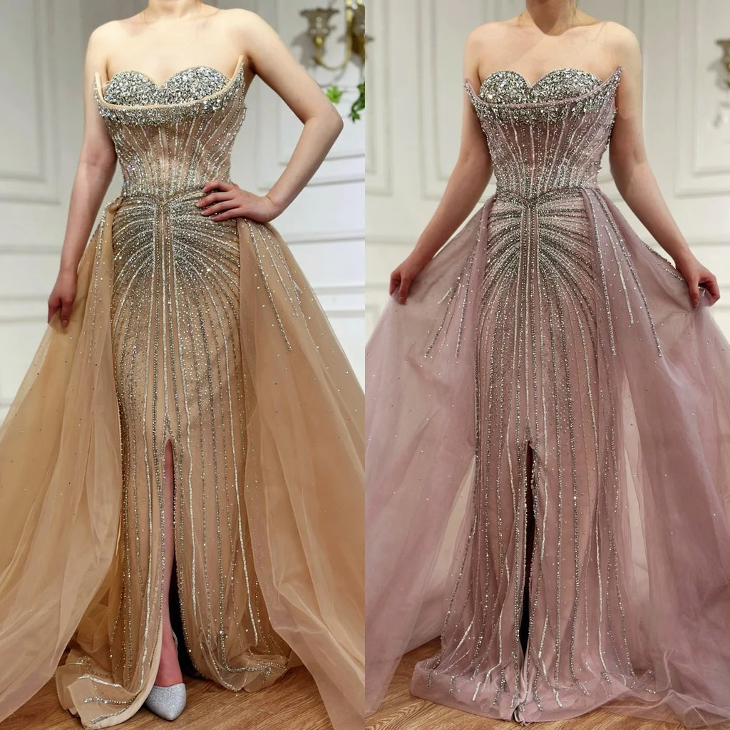 Serene Hill 2025 Pink Crystal Beaded Saudi Mermaid Evening Gown With Overskirt
