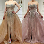 Serene Hill 2025 Pink Crystal Beaded Saudi Mermaid Evening Gown With Overskirt