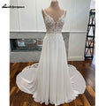 Custom Boho Chiffon Wedding Dress Long Open Back V Neck Lace Appliques Gown