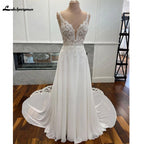Custom Boho Chiffon Wedding Dress Long Open Back V Neck Lace Appliques Gown