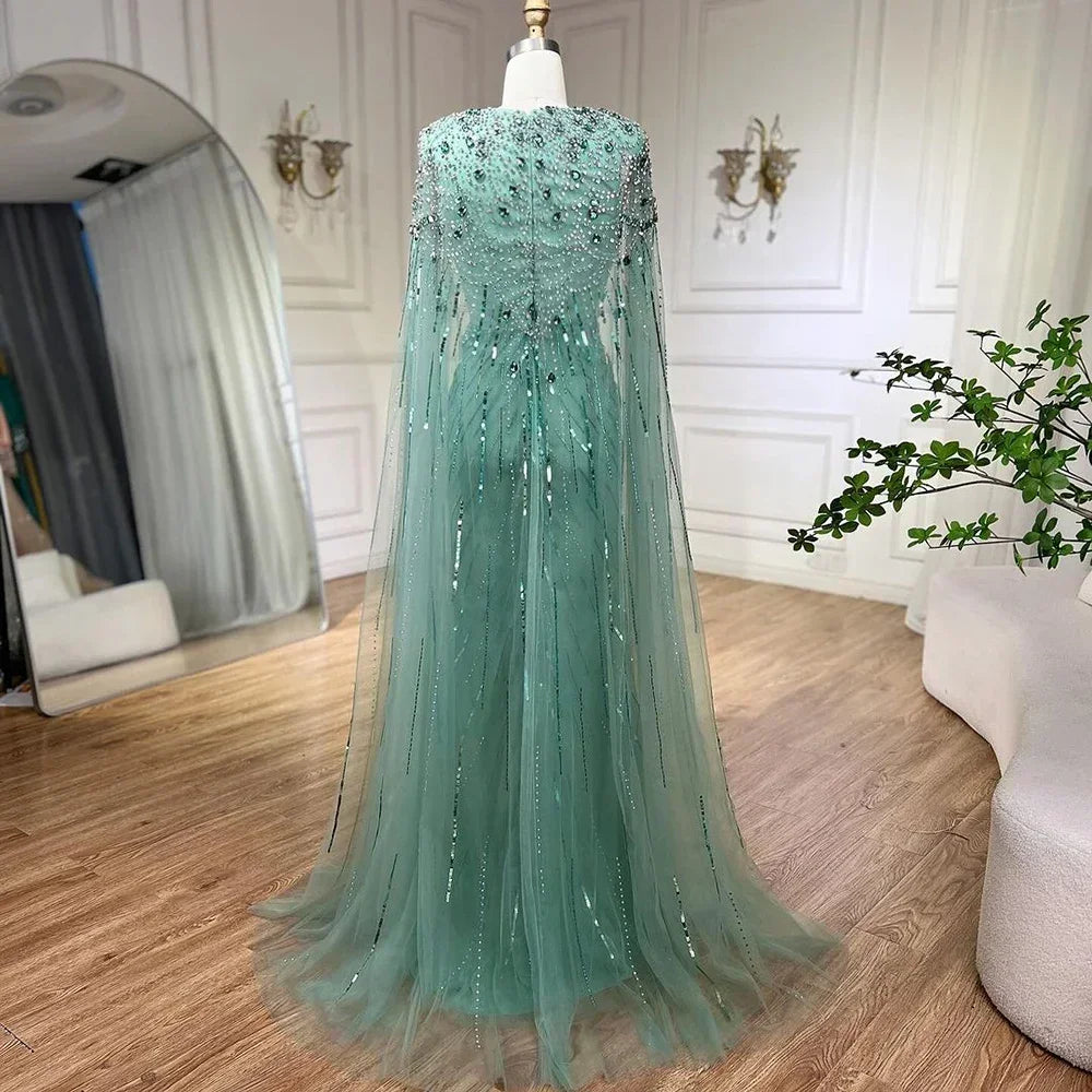 Custom Turquoise Beaded Mermaid Evening Dress With Cape Plus Size Women